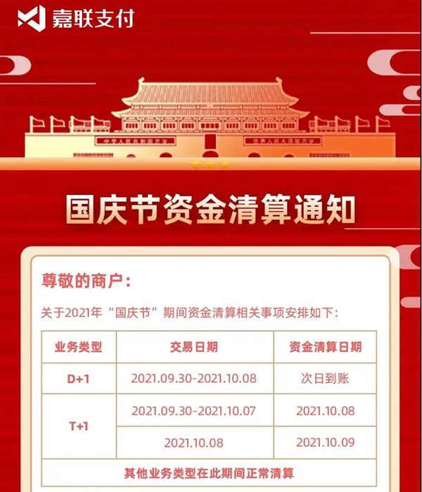 嘉联支付2021“国庆节”刷卡资金清算时间表图